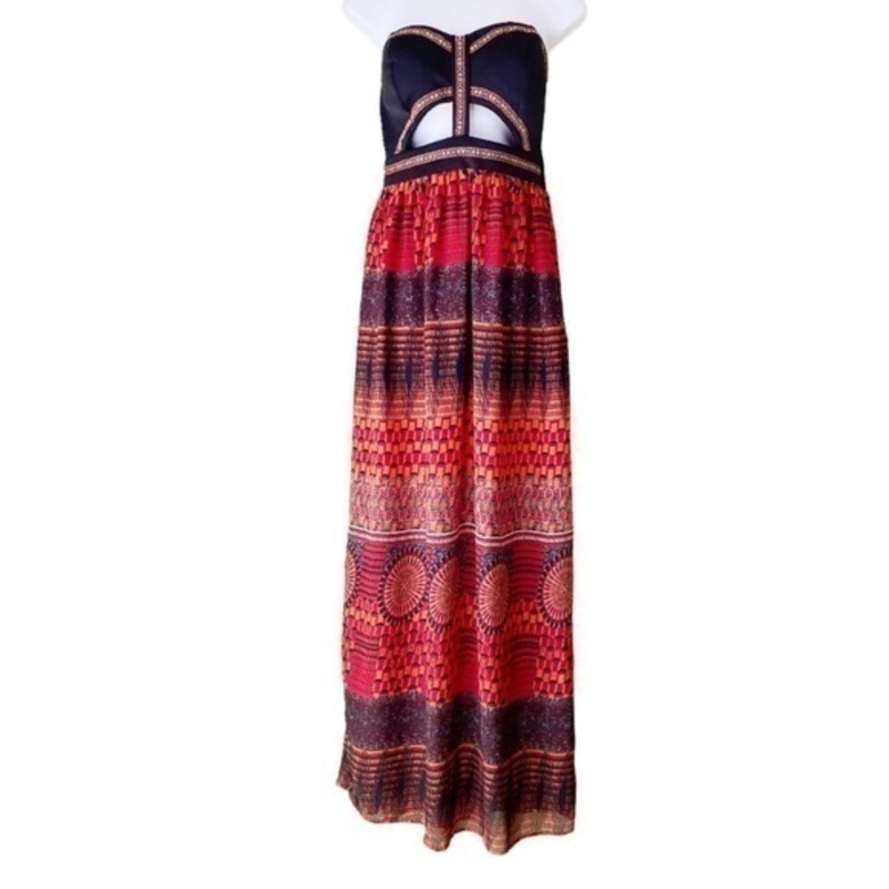 SANS SOUCI woman’s strapless, cut out, Orange, tribal print Maxi dress - small